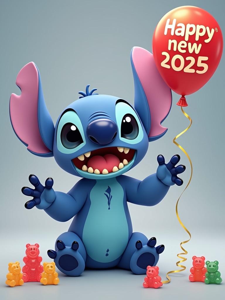 Blue alien character named Stitch smiles wide with toothy grin. Stitch holds a red balloon that reads Happy New 2025. Gummy bears scattered around. Stitch sits with arms open, exuding joy.