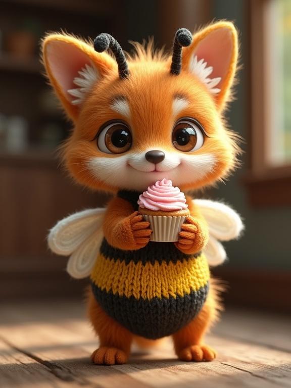 A cute fluffy baby animal in a bee costume holds a cupcake on a wooden table indoors. The character has glossy eyes and a small smile. Warm lighting creates a cozy atmosphere. The scene is charming and whimsical, resembling a character from a children's fantasy film.