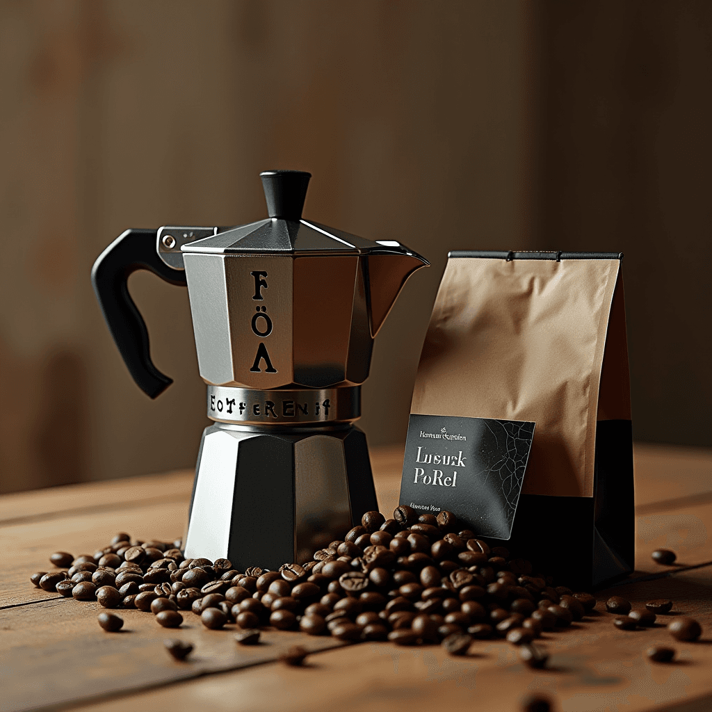 A moka pot and a bag of coffee beans on a wooden table, surrounded by scattered coffee beans.