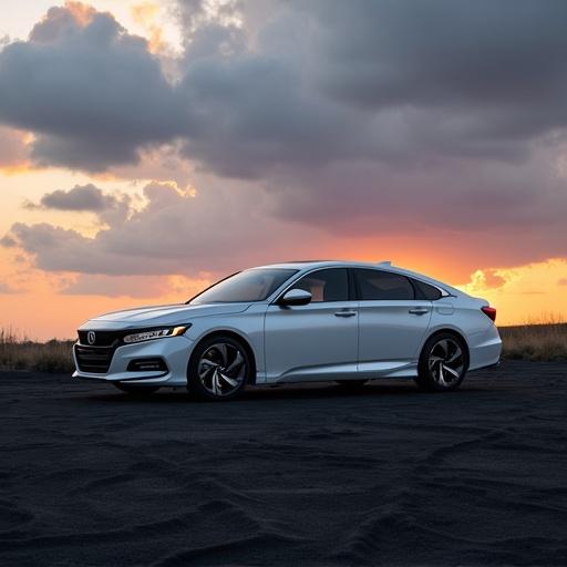 A striking image of a white 2024 Honda Accord parked on black sands. The sky features dark gray and warm clouds, creating a dramatic sunset backdrop.