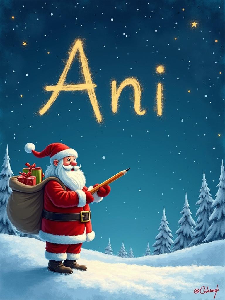 Santa Claus stands on a snowy hill under a starry night. He writes names in the sky with a pencil. He is dressed in red and white. A large sack of gifts is on his back. The name 'Ani' is displayed in a whimsical font.