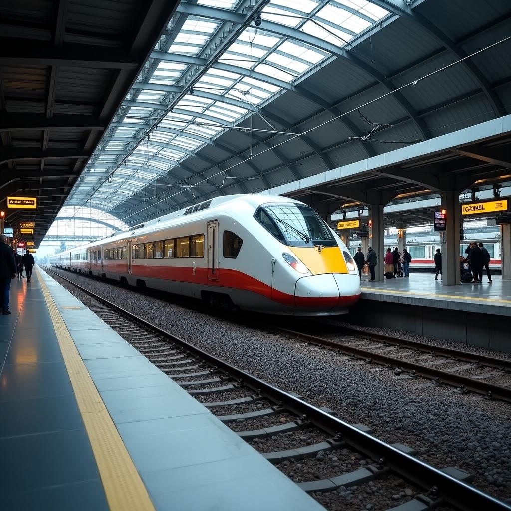 A high-speed train at a modern railway station. Passengers wait on the platform. The station has a spacious design with an overhead glass roof. The train is sleek and aerodynamic. Digital signs display train schedules. Sidewalk and tracks are visible.