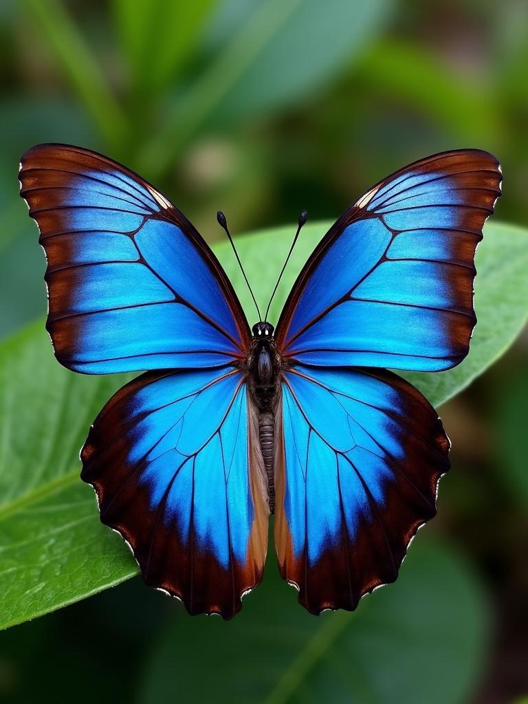 Blue morpho butterfly resting on a green leaf. Vibrant blue and brown wings. Detailed close-up of the butterfly's structure. Background of blurred green foliage.