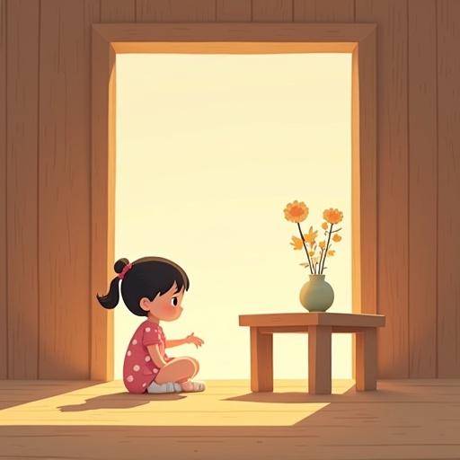 A flat-style children's illustration depicting a young girl with short black hair in a pink polka dot dress. She sits cross-legged on a wooden floor, looking at a column with a slight hesitation. Soft warm light filters into the wooden structure, creating a peaceful atmosphere. A small table with a vase of flowers stands nearby, casting gentle shadows. The girl places her hand on the column, showing subtle emotional discomfort through body language. The scene blends warmth with a hint of unease, hinting at an internal emotional shift without visible facial features.