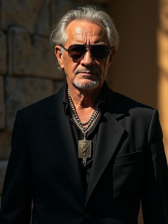 Older man in stylish black blazer. Portrayal of a cartel leader. Chains around his neck. Sunglasses reflecting men's vibe. Shaded light creating dramatic effect.