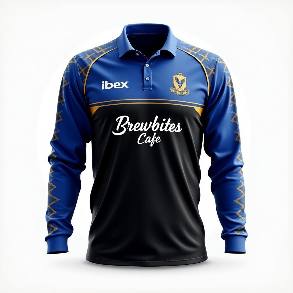 This image features a full-sleeve cricket jersey showcasing a professional and sporty aesthetic. The primary colors are royal blue and black, complemented elegantly by white and gold accents. A small ibex logo is neatly placed on the stomach area, creating a distinctive look. The name Brewbites Cafe is prominently displayed across the chest in stylish typography. Subtle cricket-themed patterns, like bats, balls, or stumps, are incorporated into the sleeves and shoulders, adding texture and uniqueness while maintaining a clean design.