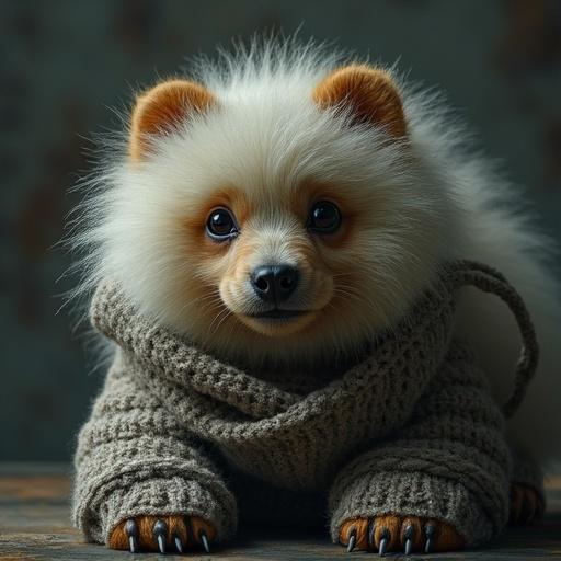 A fluffy Pomeranian in a cozy knitted sweater sitting and smiling. Focus on the dog's cheerful expression, with a soft background.