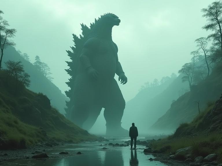A towering silhouette of a dark green Godzilla stands at 300ft tall. The landscape includes grassy mountain hills and sparse trees. The setting is foggy and atmospheric. A reflective river flows nearby, reflecting the ominous figure. Small birds can be seen in the background. The scene conveys a sense of realism with textures and shadows.