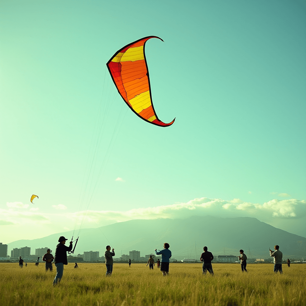 People flying colorful kites in an open field with mountains and a cityscape in the background.