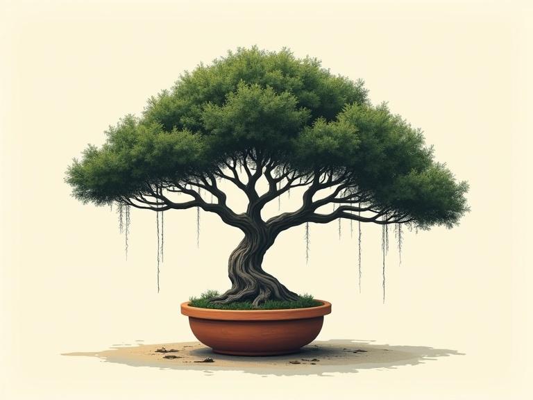 Modern screen printed poster art illustration of a miniature tree. The tree has a wide spreading shape with long drooping branches and gnarled texture. Set against a very simple background in a clay pot.