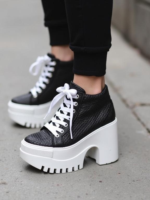 High heel platform sneakers with a white sole. Black textured material. White laces. Worn in an urban environment.