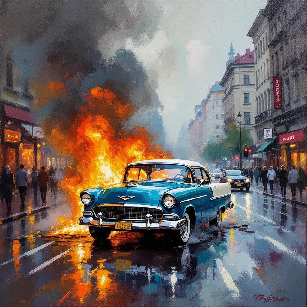 oil painting of a classic car engulfed in flames on a city street during a rainy day with pedestrians in the background