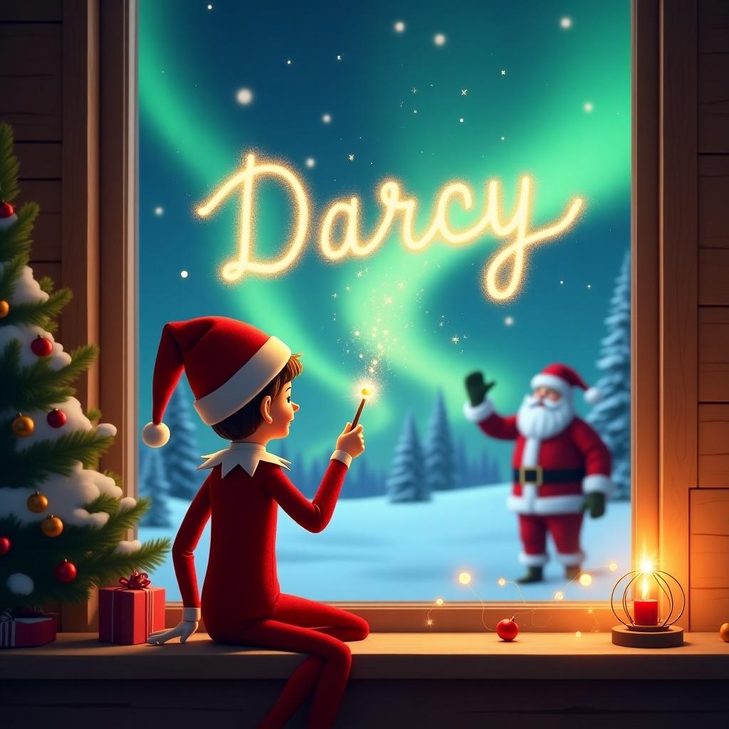 In a snug, warmly lit room, an elf on the shelf with a classic red outfit and festive hat faces a window. The elf, holding a magic wand, writes the name 'Darcy' in sparkling light against a magical night sky. Outside, the breathtaking northern lights illuminate a snowy landscape where Santa Claus can be seen. The cozy interior includes a decorated Christmas tree, gifts, and soft candlelight. This enchanting scene captures the joy and wonder of Christmas, making it perfect for holiday-themed illustrations.