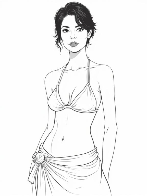 Vector illustration of a mature woman wearing a bikini and sarong. The image highlights wide hips and toned abs. It features a closeup of the upper body. The style is a black and white outline illustration.