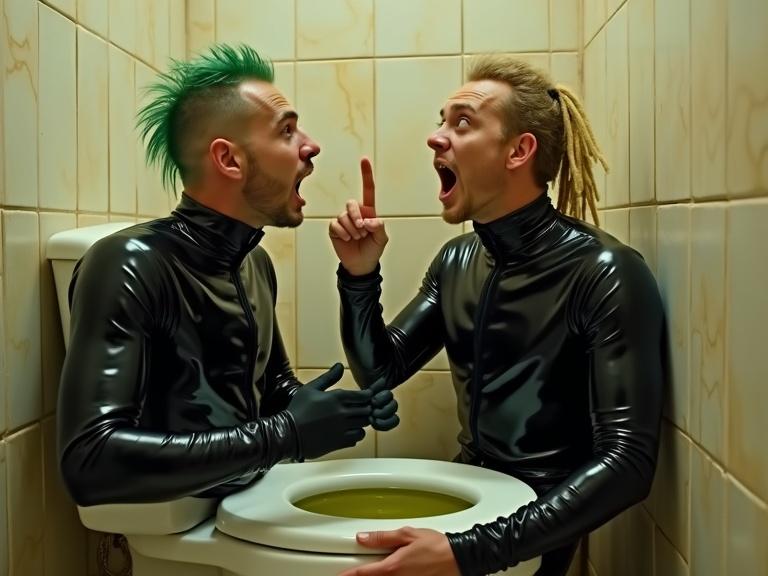 Realistic photo showing two young men in shiny black jump suits inside a toilet bowl. One has a green mohawk and the other has blonde dreadlocks. They look shocked with exaggerated expressions. A stream of yellow water drops between them. They cling to the sides trying to avoid the water.