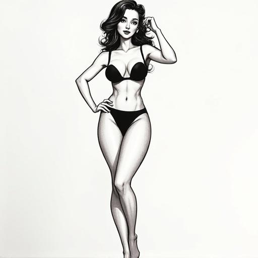 Drawing of a pinup model. Female figure in a black bikini. Stylized black and white art. Confident pose. Emphasizes curves and elegance.