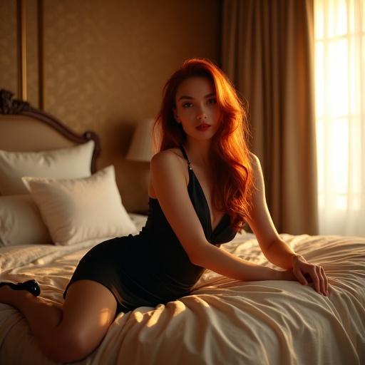 Stunning woman poses on luxurious bed, jade-colored eyes, red lips, silky black dress, long red hair. Warm ambient lighting filters through curtains. Rich wallpaper and elegant furnishings. Captured in 8K resolution.