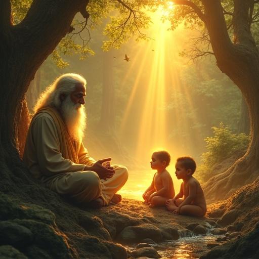 A serene forest scene depicting Sage Atri in meditation with Devi Anusuya standing nearby. The Tridev manifest as three infant children glow with light. Golden sunlight filters through lush trees creating a magical atmosphere with a nearby river and watching celestial beings.