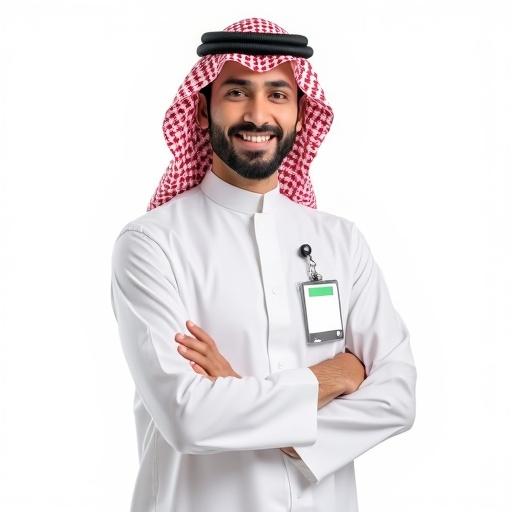 A young Saudi man stands with arms crossed. He wears a white thobe and a red-and-white ghutra with a black agal. A soft and confident smile appears. A vertical ID badge with a green frame is clipped to his chest. Subtle lighting enhances skin texture and fabric details. Background is plain white or transparent.