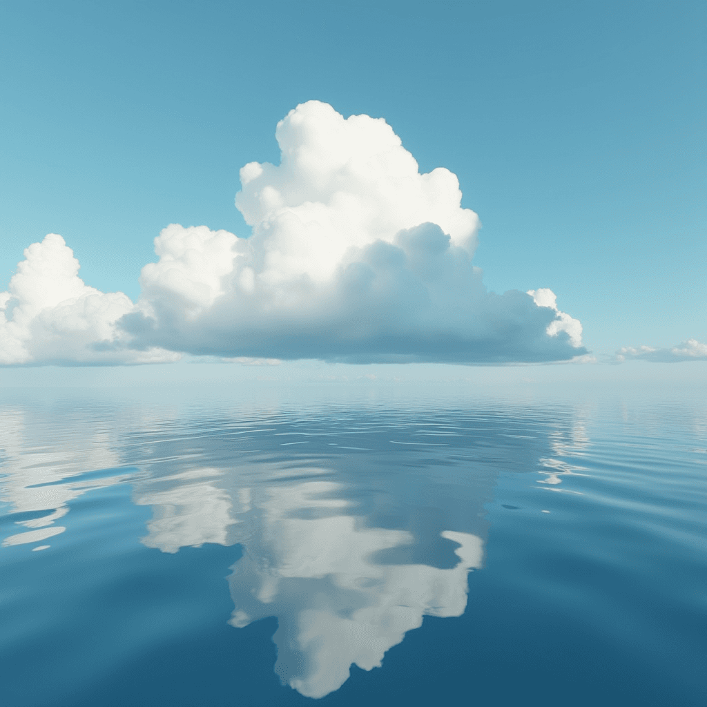 A fluffy white cloud reflects peacefully on a calm, clear blue ocean under a bright sky.