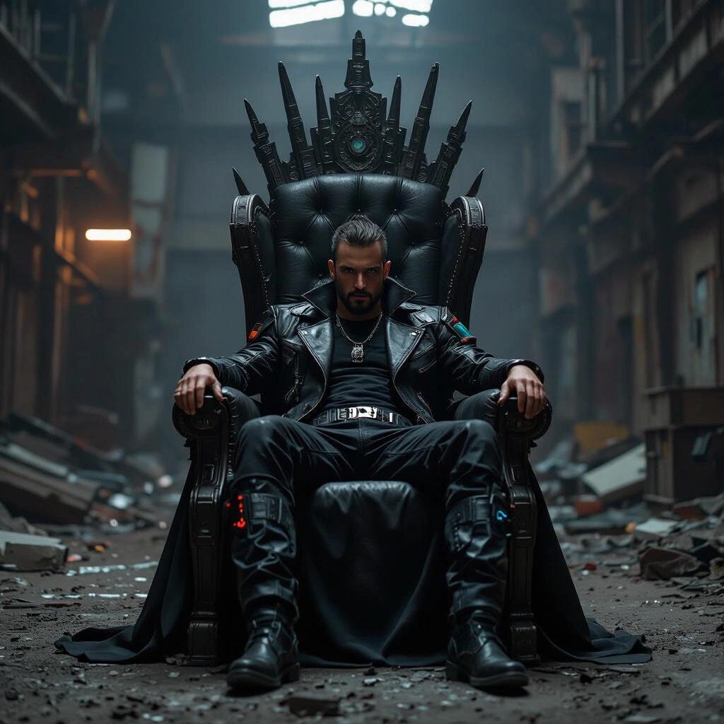 Portrait of a dark figure lounging on an impressive throne in a crumbling tech warehouse. Figure wears a leather cyberpunk jacket.