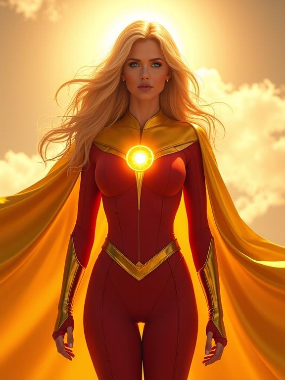 Radiant superheroine named Solaria stands at 183 cm tall with an athletic build. Long golden-blonde hair flows down her back. Piercing blue eyes. Sleek crimson red and golden yellow superhero suit with a sun emblem. Dramatic golden cape billows behind her. High metallic red boots designed for aerial combat. Lightly sun-kissed skin radiates warmth. Dramatic sunlit sky with lens flares in the background.