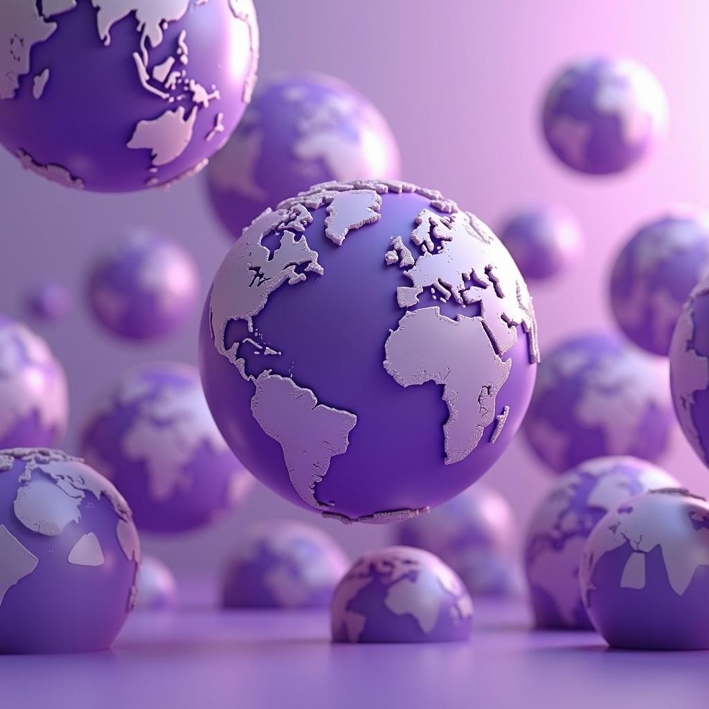 3D model featuring several purple globes suspended in mid-air. The globes illustrate different continents. The background is softly illuminated in shades of purple.