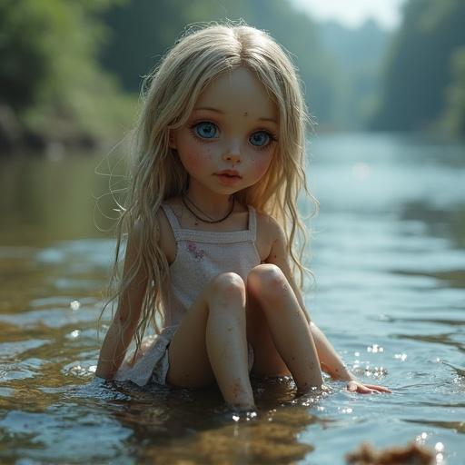 Beautiful ball-jointed doll on her knee in river. Doll has bright sky blue eyes and small pupils. Doll appears abandoned and washed away. Surrounding scene shows dirty water and shiny reflection. Photorealistic style with intricate detail.