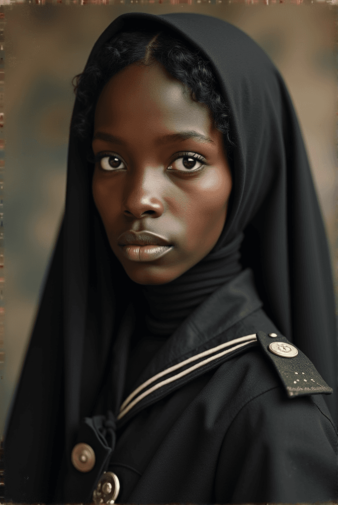 A person with deep, expressive eyes wears a black headscarf and coat, gazing intently.