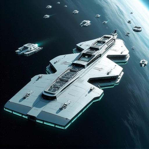 A highly detailed futuristic spaceship is centered in space. The design is sleek and elongated. It has a white hull with gray and metallic paneling. Turquoise energy lines pulse across the ship's surface. Numerous smaller spacecraft surround it in formation. The background is deep space filled with stars and a distant gas giant. The perspective showcases the grandeur of the mothership and intricate details of the supporting crafts. The style is hyper-realistic.