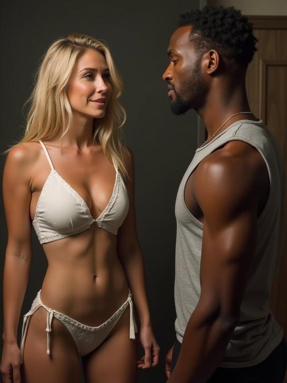 Blonde woman with large bust and tan bikini stands facing black man in tank top. Both are engaged in conversation. Man has a knife sheathed. Indoor setting with dramatic lighting.