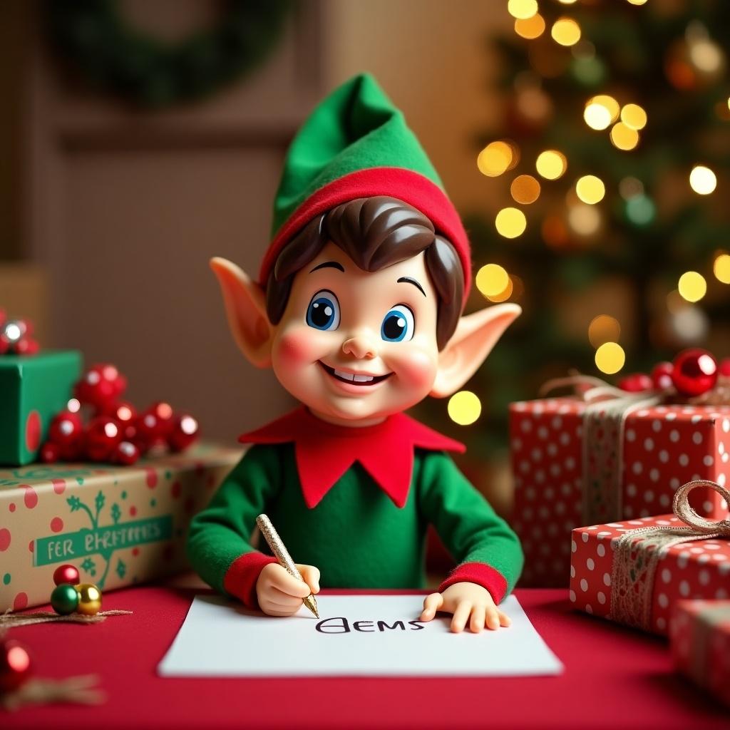 A cheerful Christmas elf is seated at a red table, scribbling a name on a piece of paper. The elf wears a bright green and red outfit, complete with pointed ears and a festive hat. Surrounding this adorable figure are colorful holiday decorations, including wrapped gifts and twinkling lights in the background. The setting is cozy, evoking a sense of warmth and festive cheer. This scene embodies the spirit of Christmas, highlighting the joy of gift-giving and holiday preparations.