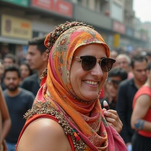 Colorful market scene with a focus on community support and development. A woman stands out with her vibrant attire. The atmosphere is lively with gathered crowds. A call for better services and lives is emphasized for upcoming events. A sense of solidarity is present among the people. The location shows urban engagement and lively interactions.