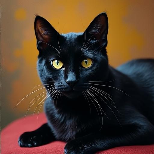 A black cat poses with bright yellow eyes on a red surface against an orange background. Reflects academic art style.