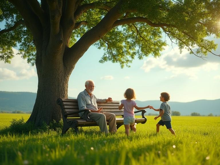 Joyful elderly man on park bench under tree. Children play around him. Lush green meadow, distant rolling hills, clear blue sky. Soft sunlight filters through leaves. Heartwarming scene of family bonds and childhood happiness.