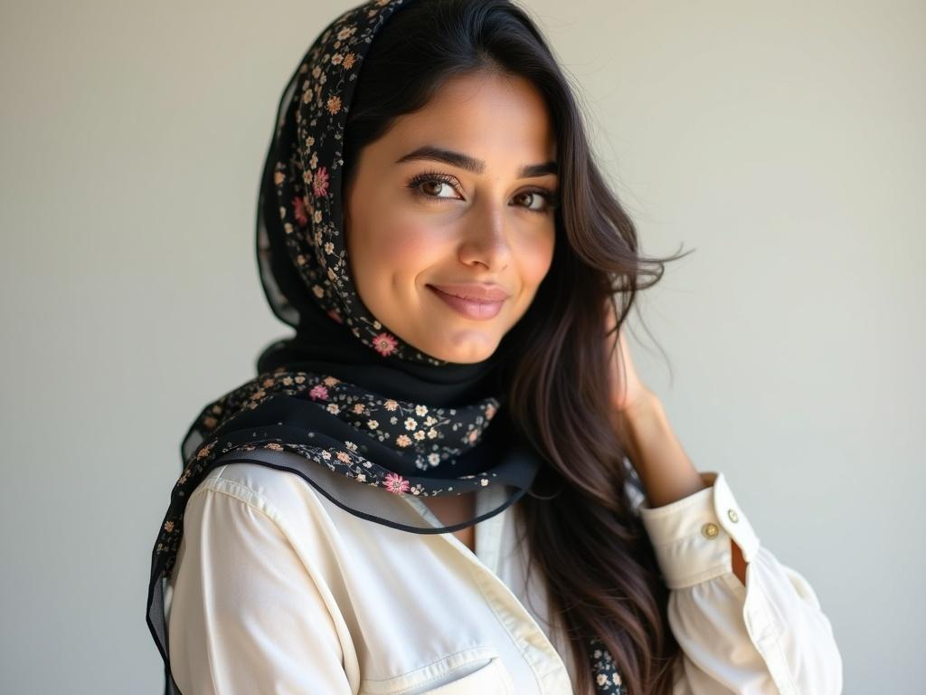 A young woman of Middle Eastern descent is depicted in the image. She has long, dark hair and a fair skin tone. She wears a stylish, black hijab adorned with floral patterns, draped elegantly around her shoulders. Her outfit consists of a white button-up shirt with a loose fit, enhancing a blend of modesty and modernity. The photo is set against a plain background, emphasizing her gentle expression and the intricate details of her hijab. Natural, soft lighting highlights her features and creates a warm ambiance.