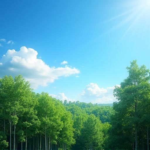 A serene landscape showcasing a blue sky with scattered clouds above a forest of tall green trees. The scene is peaceful and natural with no people or logos. Focus on the beauty of nature with sunlight filtering through leaves.
