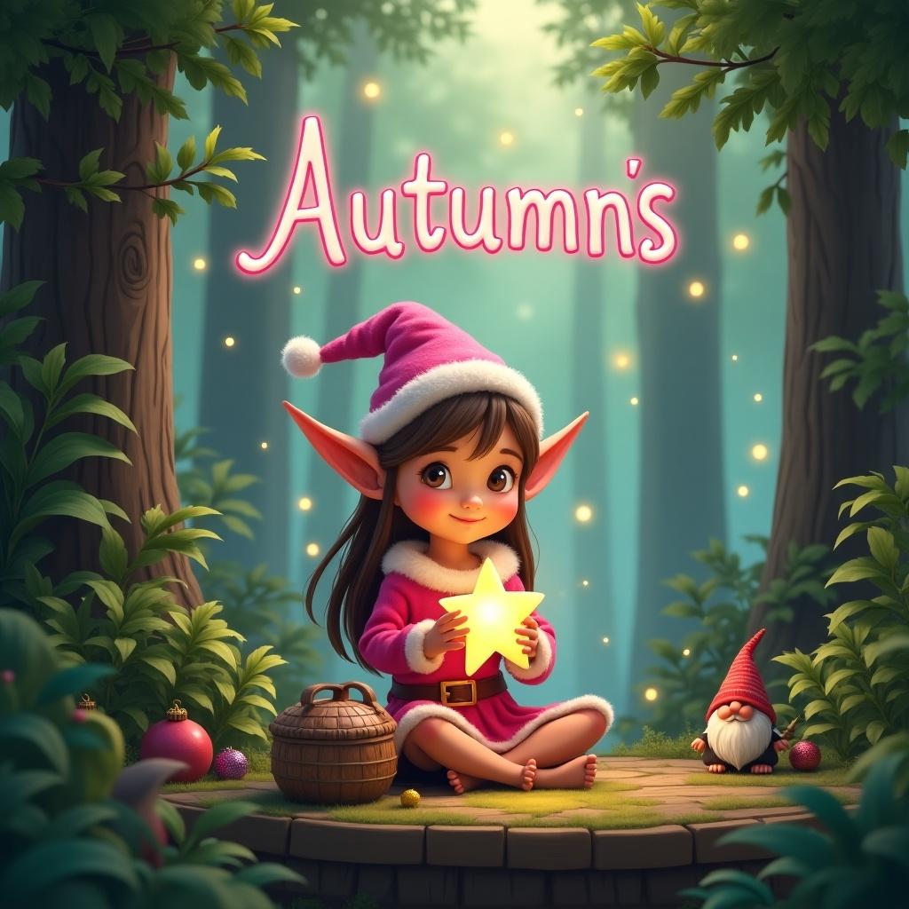 In a magical forest, a young elf with pointed ears and a festive pink outfit sits on a wooden platform. She holds a glowing star in her hands, surrounded by lush greenery. Tall trees create a soft, ethereal light filtering through the leaves behind her. Above, the name 'Autumn's' is written in whimsical cloud-like letters with hints of purple and pink. Small woodland elements like a cozy basket and a charming little gnome add to the enchanting scene, emphasizing a festive atmosphere.