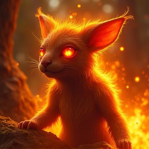 Fantasy creature with glowing orange eyes and fiery fur. Creature with vibrant colors and fire around. Energetic atmosphere with intense warmth.