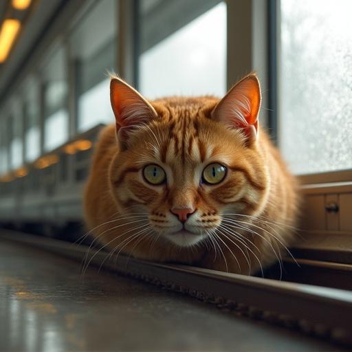 Close-up image of a cat resembling a train. Indoor setting with a cat on a window ledge. Soft light. Cat has orange fur and striking green eyes.
