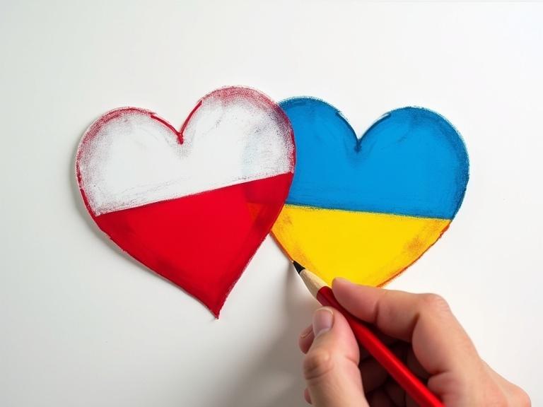 Hand drawing a poster symbolizing Poland and Ukraine friendship. Two hearts colored in state flags. Dynamic view focusing on movement and artistic expression.