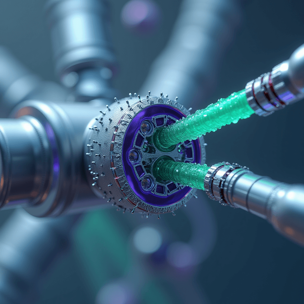 A detailed close-up of interconnected, futuristic mechanical components with glowing green and purple elements on a metallic background.