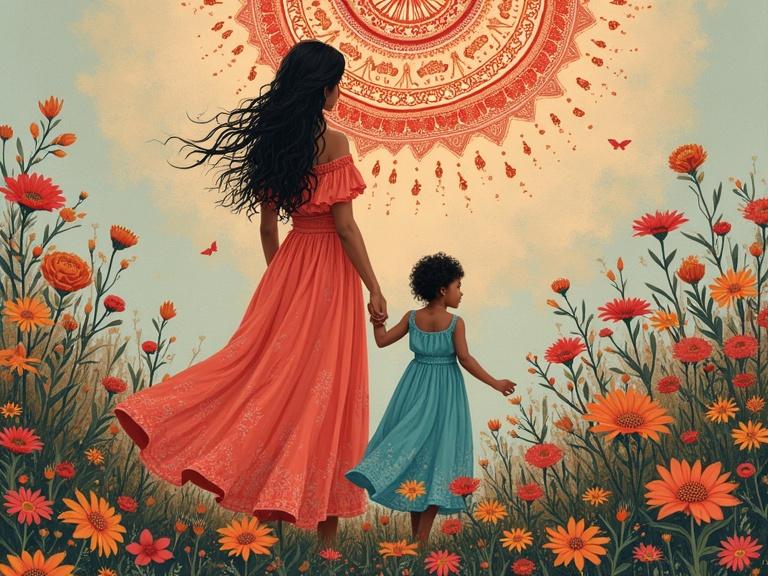 A mother and child in flowing bohemian dresses. The scene features a vibrant wildflower garden with intricate mandala patterns in the background. Earthy tones are used with pops of coral and turquoise colors.