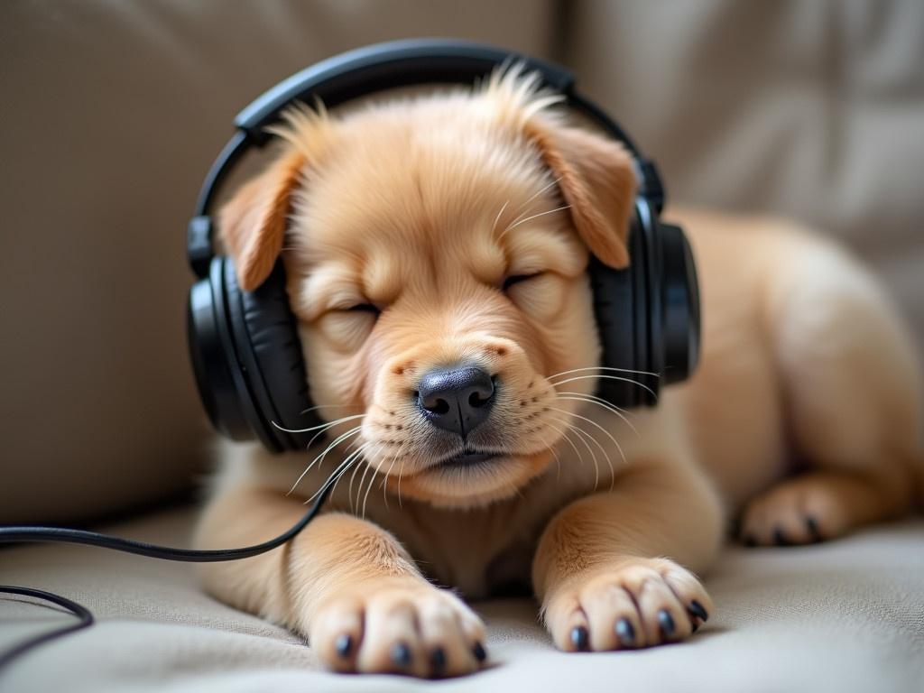 A young puppy is relaxing while listening to music on a headset. Its eyes are closed and it looks completely in the moment. The puppy has a fluffy, golden coat and its ears are slightly floppy. The headset is comfortably placed over its small ears, and a few cords hang down. This scene captures a peaceful and joyful moment, as the puppy enjoys its favorite tunes.