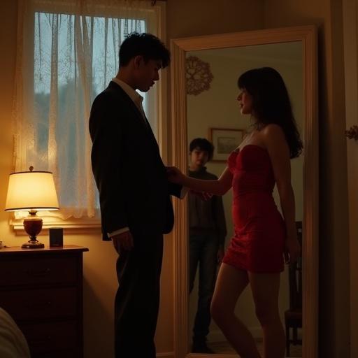A young Korean individual wearing a vintage crimson dress stands in a dimly lit bedroom. A man in a suit leans against the doorway, his shadow merging with hers. Soft streetlight glows through a half-open window. A blurred figure in a sweater is seen in the background. The atmosphere is charged with intimacy and tension.