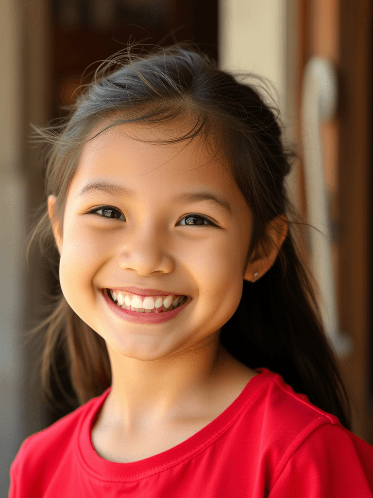 A young girl with a bright smile is wearing a red shirt, reflecting happiness and warmth.