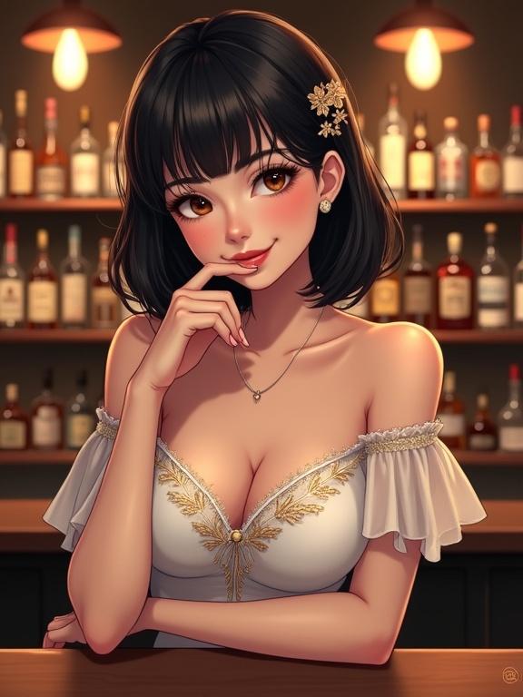 Illustration of a woman in a bar setting. She has shoulder-length dark hair with decorative flowers. Her large amber eyes and light skin tone convey a gentle expression. She wears an off-the-shoulder white top with intricate gold embroidery and a dark, fitted skirt. The background is a dimly lit bar with shelves of various alcoholic beverages.
