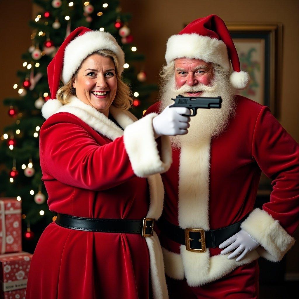 Holiday scene featuring Mrs. Claus holding a gun playfully. Santa stands beside her looking amused. Both are in classic red and white outfits. Decorated Christmas tree and wrapped gifts in the background. Warm lighting creates a festive atmosphere.