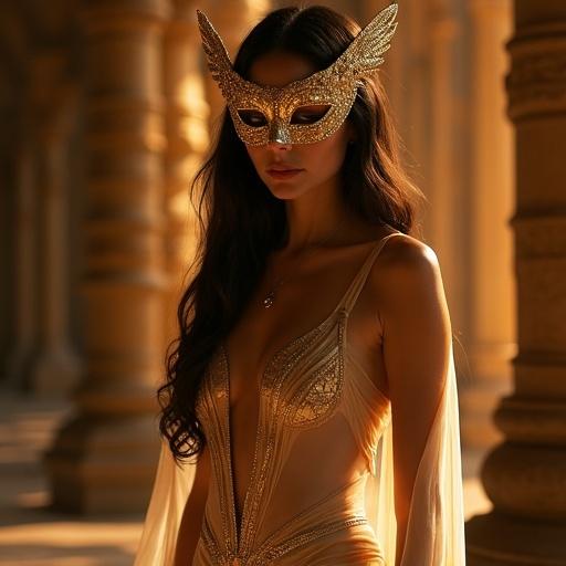 Elegant woman inspired by Egyptian goddess Isis standing at masquerade ball. Wearing golden mask shaped like falcon wings. Top made from sheer silk fabric showing contours of her bust. Mini-skirt embroidered with ancient motifs. Bathed in moonlight inside a palace. Embodying charm and mystical allure.