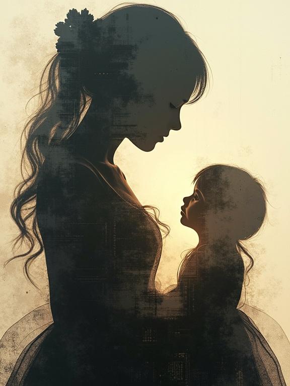 Glitchcore surrealism features a nesting doll silhouette representing motherhood. Image shows a close-up of mother and child. Double-exposure technique creates a dreamlike effect with digital artifacts. Appealing grain texture enhances the nostalgic feel.